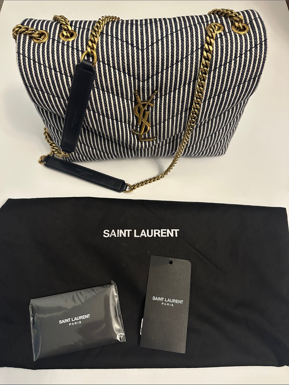 Saint Laurent LouLou Denim Striped Quilted Shoulder Bag with Gold Hardware